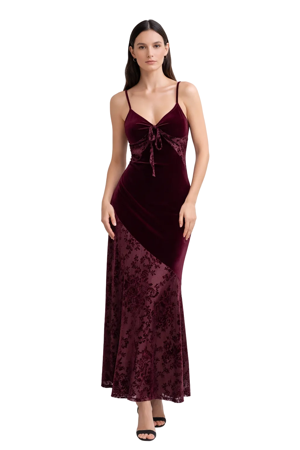 Bordeauxrotes Maxikleid mit Spitzeneinsatz und Bindedetail vorne