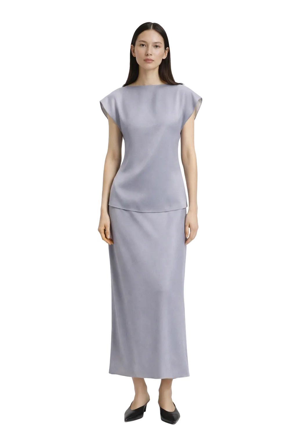 Graues zweiteiliges Kleid-Set mit Flügelärmeln und geradem Rock