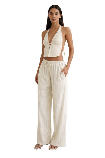 Hellbeiges zweiteiliges Set mit Neckholder-Top und weitem Bein