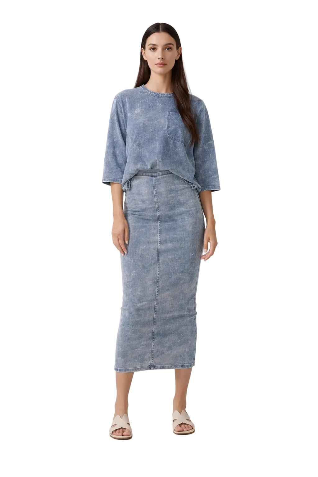 Verwaschen blaues zweiteiliges Set mit Kurzarm-Top und Midirock